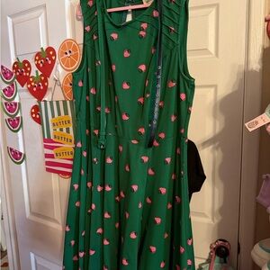 Unique Vintage Green Dress with Strawberry Print
